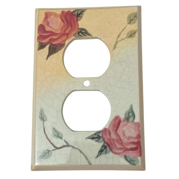 Ceramic Duplex Outlet Cover Pink Roses Made in Canada - Picture 1 of 5